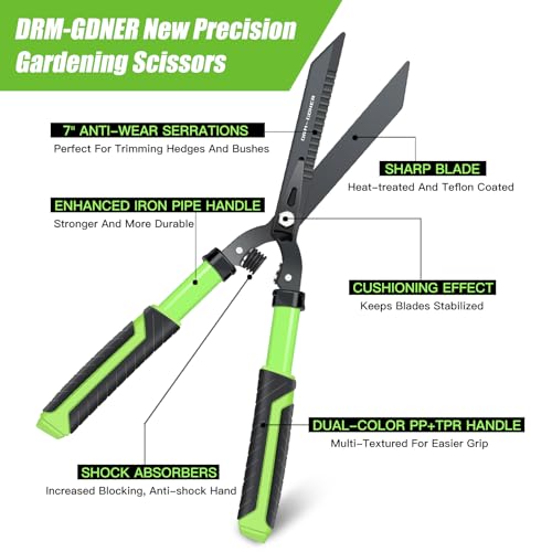 Drm-Gdner Garden Hedge Shears Heavy Duty,23 Inch Manual Hedge Clippers With New Tech Serrated Blade & Dual Shock Absorbing Cushion,Shears Gardening Tools For Pruning Borders&Shrubs,Green/Black thumb #4