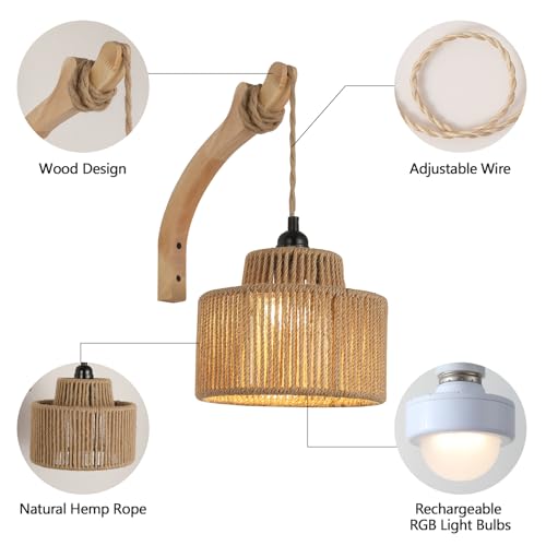 Image of Dijiahua Boho Wall Sconces Set of Two Battery Operated,Wireless Rechargeable Woven Rattan Sconces Wall Lights with Remote, RGB 12 Colors Dimmable Wall Lamp, Wood Indoor Cordless Sconce Lighting