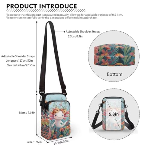 Image of Xpyiqun Axolotl Crossbody Purse for Women Floral Cross Body Pouch Cell Phone Wallet Small Canvas Sling Shoulder Handbags Mini Travel Messenger Bags Roomy Zipper Pockets Work Satchel