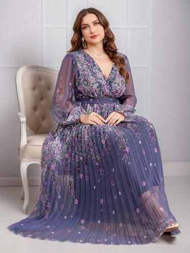 Image of Spring Summer 2024 Plus Size Womens Dresses V Neck Casual Elegant Long Sleeve Floral Print Maxi Dress