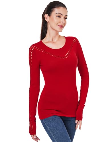 Image of AmelieBoutik Women Crew Neck Eyelet Trim Long Sleeve Knit Top Sweater