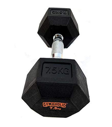 Image of Gymaholic Dumbbell, Hexa Rubber Dumbbell with Metal Handles, Single & Pair, Dumbbells in Weights 7.5 KG Single