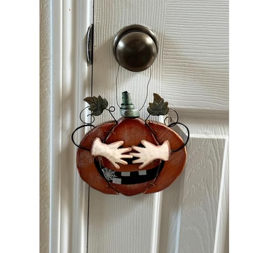 Halloween Pumpkin Door Hanger, Rustic Wood and Metal Jack O Lantern with Hands, Wall Decoration, 3 Styles (Hands Over Eyes)