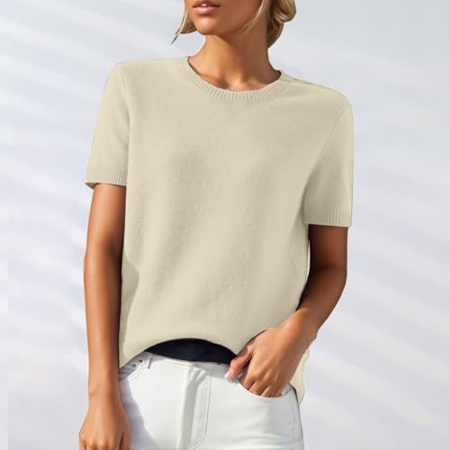 Womens Short Sleeve Sweater Ribbed Knitted Crew Neck Sweater Shirts - image 2