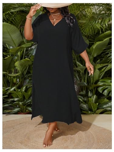 WDIRARA Women's Plus Size Swimwear V Neck Half Sleeve Split Side Cover Up Beach Dress4