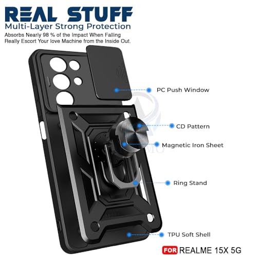 Image of Luxe Back Cover Compatible for Realme Narzo 90X 5G / Realme C85 5G / Realme 15X 5G | D10 Tough Armor Case | Sliding Camera Shield | 360 Protection | Kickstand Ring Holder | Military-Grade