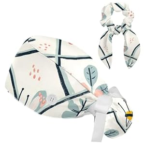 CHENZZZZ Floral Pattern (6) Adjustable Women Working Cap with Bow Hair Scrunchy, Bouffant Hat with Buttons