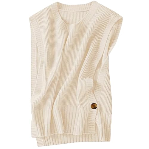Image of Women's Sweater Vest Casual Round Neck Sleeveless Pullover Knit High Low Hem Side Button Ribbed Vest Top