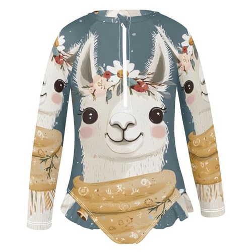 Cute Llama Animal Flower Girls Long Sleeve Swimsuit Rash Guard One Piece Bathing Suits Zipper 3-12T2
