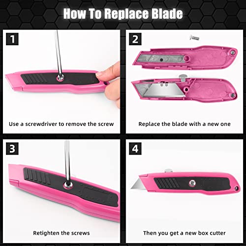 Image of DIYSELF 2 Pack Box Cutter Retractable Heavy Duty Utility Knife, Ergonomic Razor Knife for Warehouse, Office, Exacto Knives Box Opener for Package, Cardboard (Pink)
