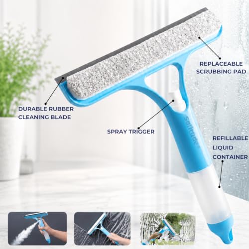Image of Solitude 3-in-1 Window Cleaning Scraper | Spray Squeegee with Built-in Spray Bottle | Replaceable Sponge | Glass Cleaner Wiper for Home, Car, Bathroom & Mirrors (Multicolor)