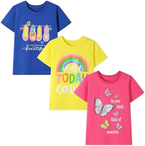 HILEELANG Girl T-Shirts Short Sleeve Graphic Tees Cotton Casual Summer Tops Shirts Packs
