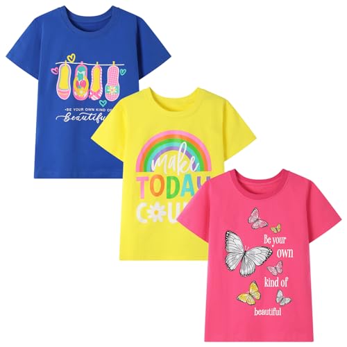 Image of HILEELANG Big Girl Short Sleeve Tees Summer Royal Blue Yellow Rose Red Graphic Rainbow Butterfly Cotton Tops Shirts Size 12-13, 24gt06#royalblueshoes