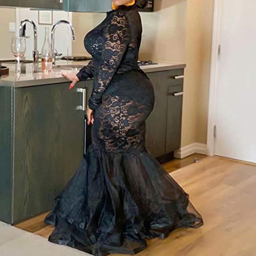 Sexy Plus Size Party Dress For Women - Floral Lace Long Sleeve Pleated Mesh Patchwork Bodycon Clubwear Bodysuit Dress Black 1X #TOP3