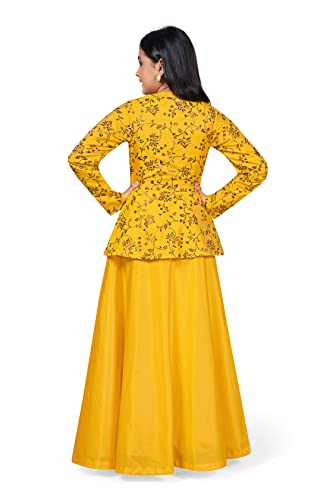 Image of Fashion Dream Girls Yellow Solid Maxi Dress with Attached Foil Printed Shrug(Yellow 5-6 Year)