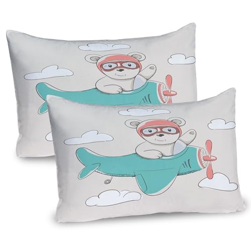 Ambesonne Adventure Cartoon Pillow Sham Set of 2, Bear Flying in The Sky Among The Clouds on Biplane, Quality Microfiber Bedding Item for All Seasons, 26