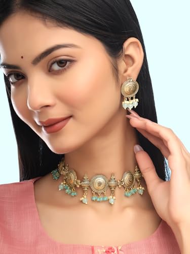 Image of Yellow Chimes Jewellery Set for Women Traditional Gold Plated Choker Necklace Set For Women I Eternal Classics | Ethnic Style Blue Beads Choker Set I Birthday Anniversary Gift for Women Wife