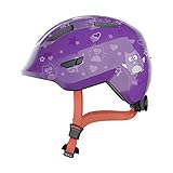 ABUS Kinderhelm Smiley 3.0 - Fahrradhelm mit tiefer Passform, kindergerechten Designs & Platz für einen Zopf - für Mädchen und Jungs - Violett mit Eulen-Muster, Größe M