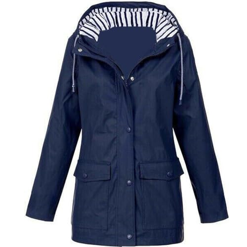 Generisch Chubasquero de moda para mujer con capucha ligero de manga larga cortavientos cremallera cordón impermeable con bolsillos chaqueta de invierno mujer 52, azul oscuro, 3XL