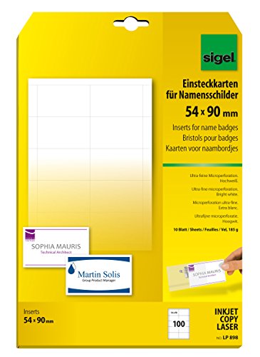 SIGEL LP898 PC-tarjetas para identificadores portanombre, 54x90 mm (A4), 185 g, 100 unds.=10 hojas