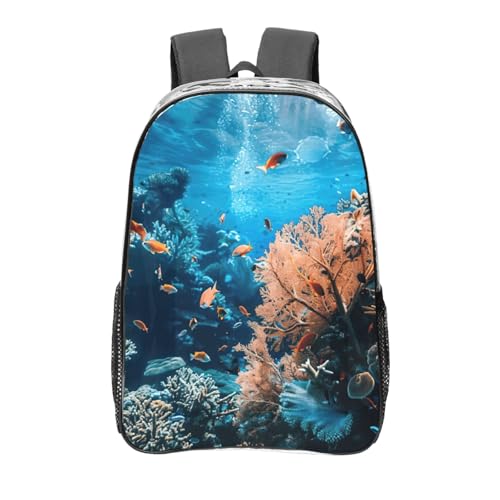 Coral Reef Print Work Travel Stadium Events Transparent Backpack PVC Clear Bag Large Side Pockets