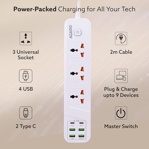 Image of AGARO Regal Extension Board, Power Strip, 3 Universal Sockets, 4 USB + 2 Type-C Fast Charge, 2500W, 6ft Heavy-Duty Cord, Overload & Surge Protection, Master Switch, Multi-Device Charge for Home /Office