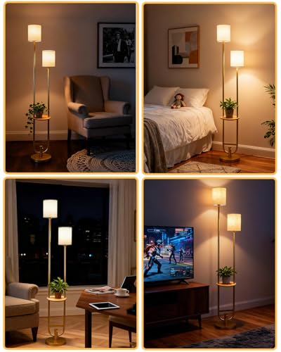 Image of Lightdot 63Inch Floor Lamp Dimmable Gold Floor Lamp with 5Lbs Heavy Base for Living Room 2-Light Mid Century Modern Tall Standing Lamp with Table for Bedroom /Sofa Beside /Corner Decor(Bulbs Included)