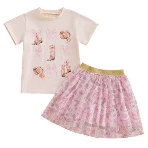 Image of Kayotuas Toddler Girl Summer Outfits Bow Embroidery Short Sleeve T-shirt and Sparkle Tutu Skirt Cute Sister Matching Dresses