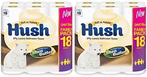 Hush Luxury 3-Ply Tissue Paper Rolls, Ultra Soft & Strong Tissue Paper Rolls - 36 Toilet Rolls (Shea Butter)