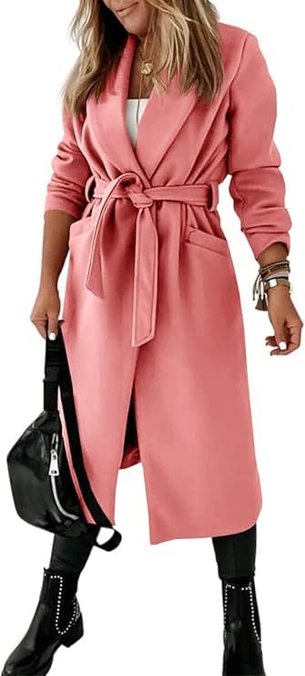 Tankaneo Womens Notched Lapel Collar Coats Open Front Long Jackets Overcoat with Belt3
