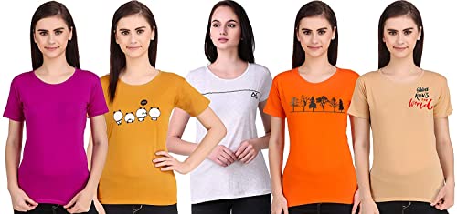 Image of NIVIK Printed, Cotton Tops & T-Shirts. Combo of 5 Tops for Women & Girls (X-Small, Skin-Purple-Orange-Mustard-Off)