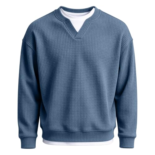 Mens Waffle Long Sleeve Shirt Knit Textured V Neck Pullover Sweatshirt - image 4