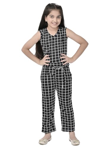Image of FNOCKS Girls Check Printed Jumpsuit Tie-Knotted Jumpsuit V-Neck