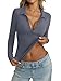 Womens Cotton Polo Collared Shirt Long Sleeve Sexy Deep V Neck Top Button Up Slim Fitted Tee Business Casual Outfit Dark Gray S