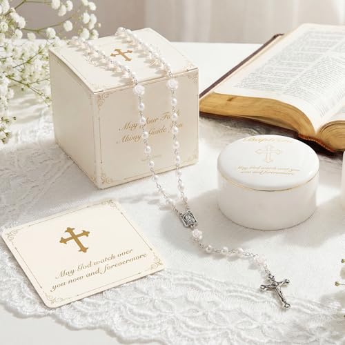 Image of NORBU Baptism Gifts for Girl, My First Rosary with Ceramic Keepsake Box, Rosary for Kids, First Communion & Baby Dedication Gifts for Newborn Baby Boys Catholic Christening Gift