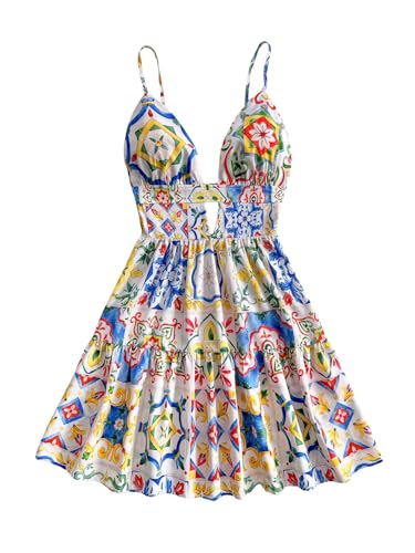 Image of SweatyRocks Women's Floral Print Backless Mini Dress Cut Out Ruffle Sleeveless Vacation Boho Dresses