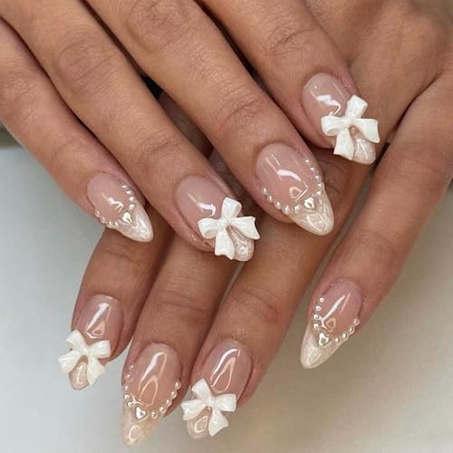 24pcs Almond Shaped Artificial Nails - French Tips with Cute Bow ...