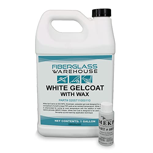 Fiberglass Warehouse White Gel Coat – 1 Gallon Gelcoat (WAXED) with 2 oz MEKP Catalyst, Easy Application, Modified Polyester Resin – Durable, UV Resistant, Ideal for Marine, Auto, Composite Repairs