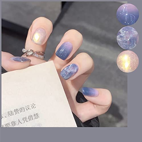 Ezpieces French Tip Press on Nails Short with Designs, Cute Blue Fake Nails Coffin with Glue, Glitter Artificial Nails Acrylic Glue on Nails for Women/Daily/Party, 24PCS/Set(Dream of Ocean)