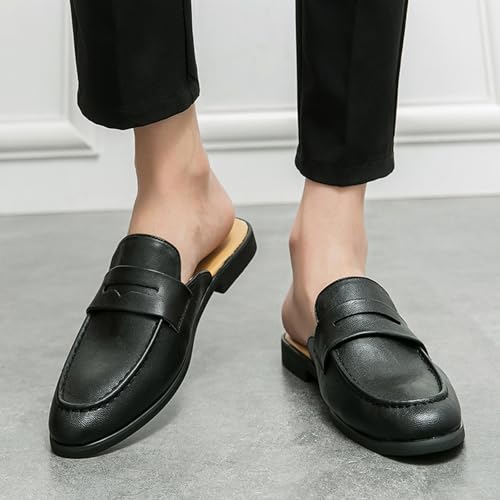 Men's Leather Slip On Mules Slippers Comfortable Round Toe Backless Flats Loafers for Business Work Dress Casual Penny Shoes 6