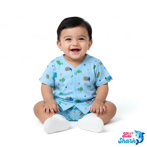 Image of Lil' Shark Baby Cotton T-Shirt & Shorts Set | 100% Pure Cotton Summer Wear for Baby Boys & Girls | Soft, Breathable Infant Casual Outfit | Printed T-Shirt with Shorts Set