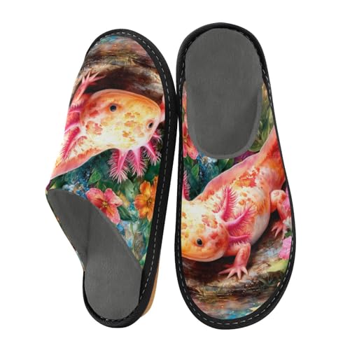 Slippers for Women Colorful Axolotl in Floral Garden Soft Fuzzy Women's Slippers Indoor and Outdoor Shoes