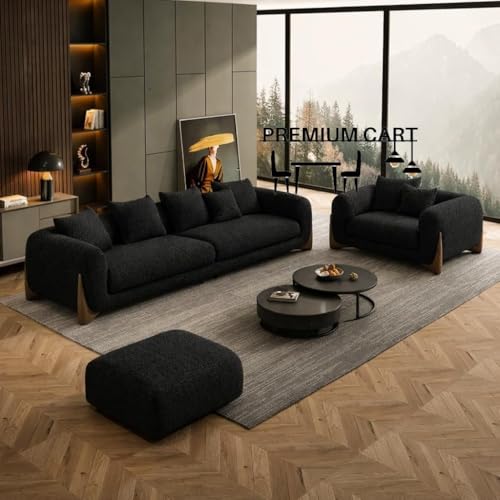 Image of Upholstered 3 Seater Sofa Three Seater Sofa with Wooden Legs for Living Room Hotels & Offices (3+1+ Puffy Black Boucle)