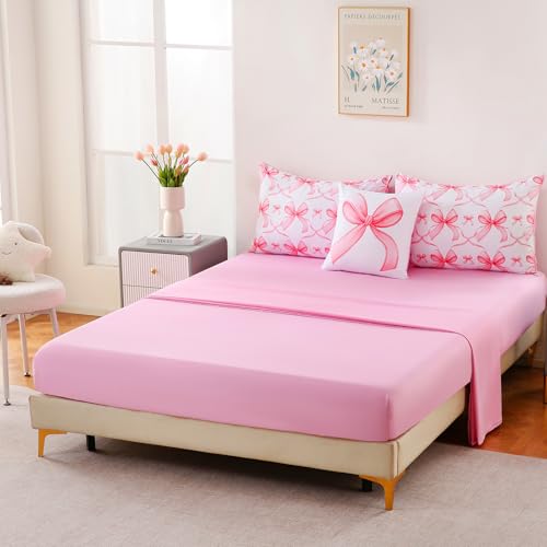 Image of DORCAS Bow Twin Comforter Set for Girls,6 Pieces Bed in A Bag Pink Bow Bedding Sets with Sheets for Kids