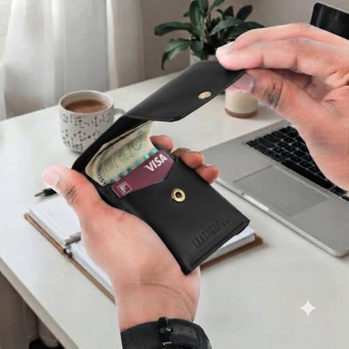 Image of Leatherful Flip - Top Grain Leather Vertical Slim Wallet for Men | Easy Quick Card Access | Compact Front Cash Pocket & Button Lock | Minimalist Travel & Daily Carry Wallet (Black)