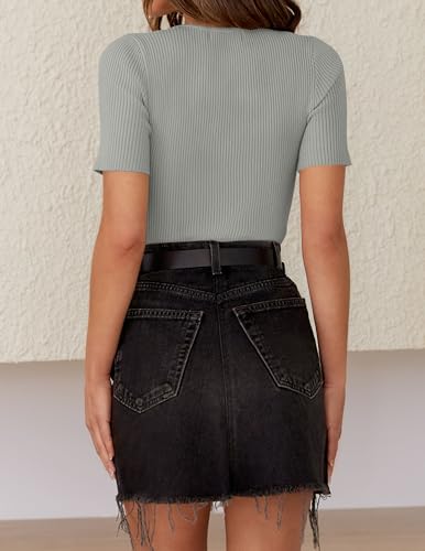 Image of ZESICA Women's Short Sleeve Sweater Tops 2026 Summer Crewneck Basic T Shirt | Business Casual Outfits, Solid Color Ribbed Knit Tee, Slim Fitted, Soft Skin Friendly, Going Out Top, Cute Dressy Blouse