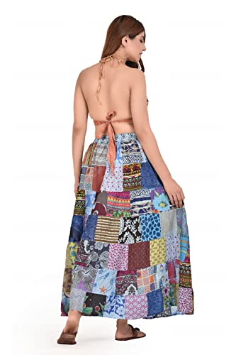 Women's Hippie Bohemian Indian Patch Maxi Long Gypsy Cotton Skirts with Right Hand Side Pocket, One Size Fits All(Waist 26-36 inches) Blue4