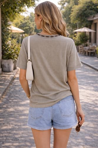 Image of London Hills Women's Waffle Texture T-Shirt | Loose Fit Casual Summer Top | Round Neck with Contrast Rib Collar & Sleeve Stripe | Soft Breathable Half Sleeve Tee