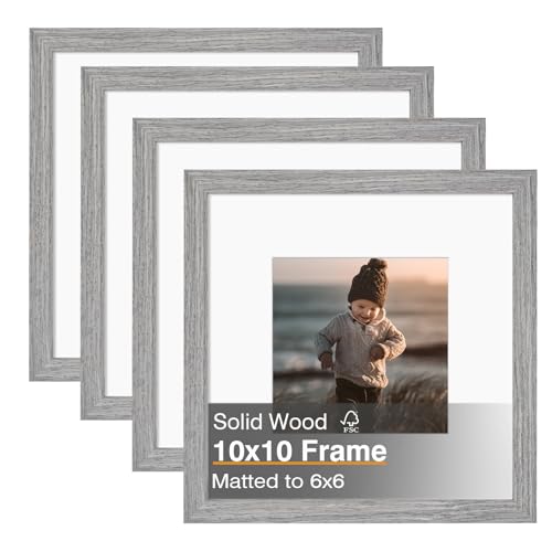 KINLINK Marcos cuadrados de 10 x 10 pulgadas, color gris, marcos de madera maciza con plexiglás acrílico para fotos de 6 x 6 pulgadas, con paspartú, para mesa y pared, juego de 4