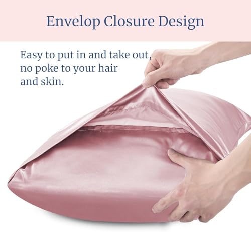 Image of Satin Pillow Covers Set of 2 with 3 Free Random Color Hair Scrunchies - Anti-Frizz, Skin-Friendly, Soft & Durable Pillowcase Set for All Hair Types (Pink)